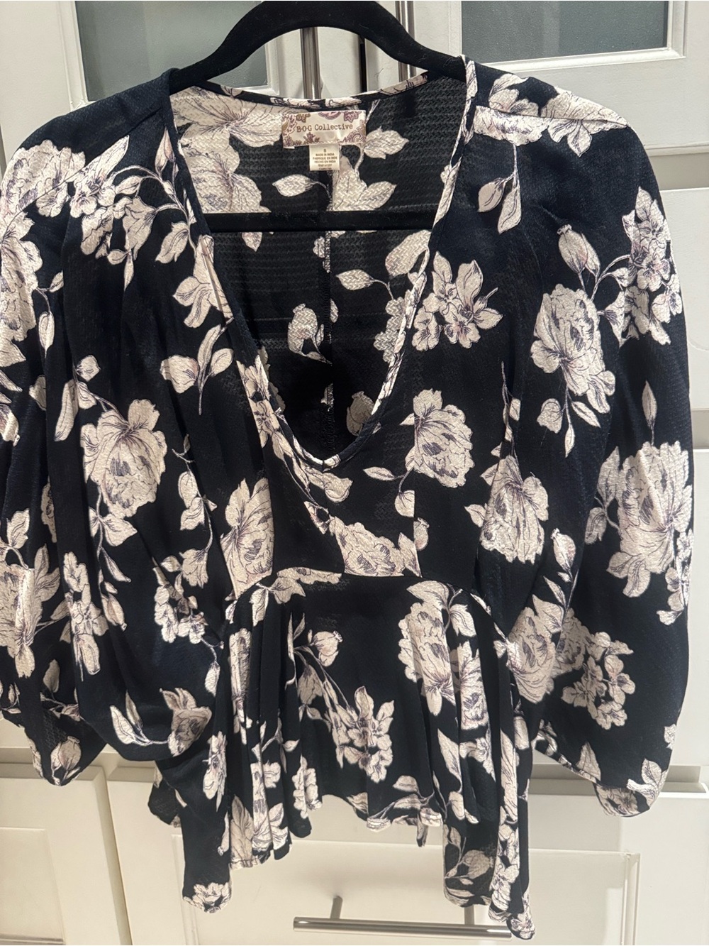 Black Floral V-Neck Peplum Blouse by Free People